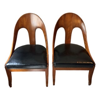 Rare Pair of Mid-Century Michael Taylor for Baker Mahogany Spoonback Slipper Chairs – All Original Black Leather & Brass Tacks For Sale
