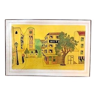Lovely 1970's Limited Edition 10/75 Print of Abstract French Cityscape Signed and Titled "La Place Au Soleil" For Sale