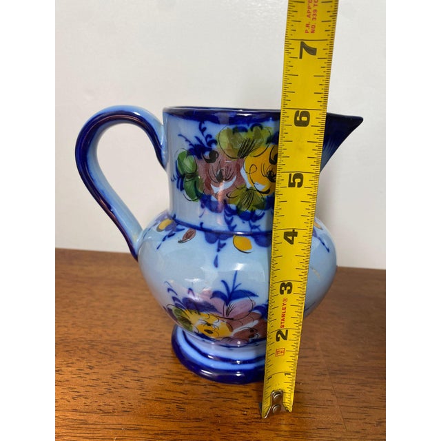 Vintage Vestal Alcobaca Portugal Pottery Hand Painted Floral Blue Pitcher For Sale - Image 10 of 10