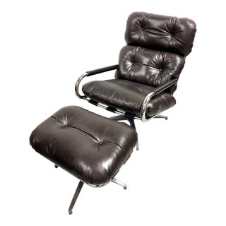 Mid Century Modern Milo Baughman Chrome Swivel and Leather Lounge Chair for Directional For Sale
