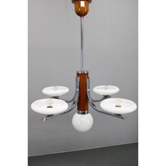 Art Deco Chrome and Walnut Chandelier with Milky Glass Shades, Former Czechoslovakia, 1930s For Sale - Image 4 of 15