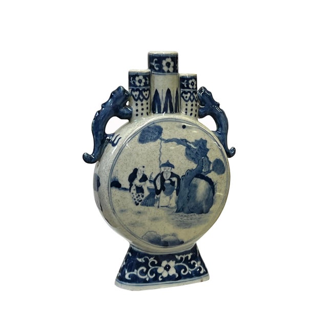 Chinese Blue White Porcelain Moon Round Flat People Theme Vase For Sale - Image 4 of 6