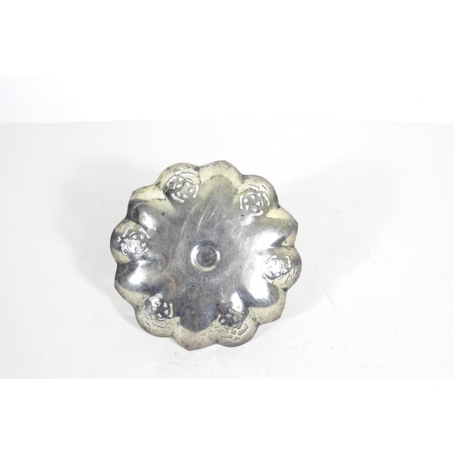 Silver Vintage Small Silver Bonbon Dish With Handle Ruffled Edge Tray, Round Silver Plated Dish With Pierced Cutout Details Patina Trinket For Sale - Image 8 of 9