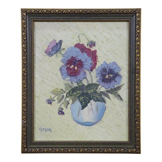 Late 20th Century Helen McRae Still Life Vase of Pansies Floral Oil Painting on Board 12" For Sale