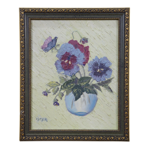 Late 20th Century Helen McRae Still Life Vase of Pansies Floral Oil Painting on Board 12"