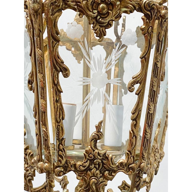 1930s 1930s Vintage Bronze Lantern With Etched Glass Panels For Sale - Image 5 of 6