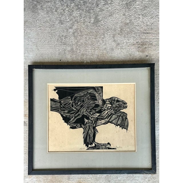 Vintage Framed Hawk Woodcut Art For Sale In West Palm - Image 6 of 12