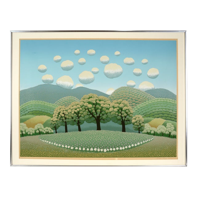 Spring Landscape With Round Clouds - Limited Edition Naive Serigraph by Ivan Rabuzin For Sale