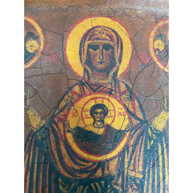Religious Antique Hand Painted Virgin Mary, Our Lady of the Sign, Mary With Christ Child, Panagia Faneromeni of Yaroslavl, Madonna of the Sign, Religious Art For Sale - Image 3 of 18