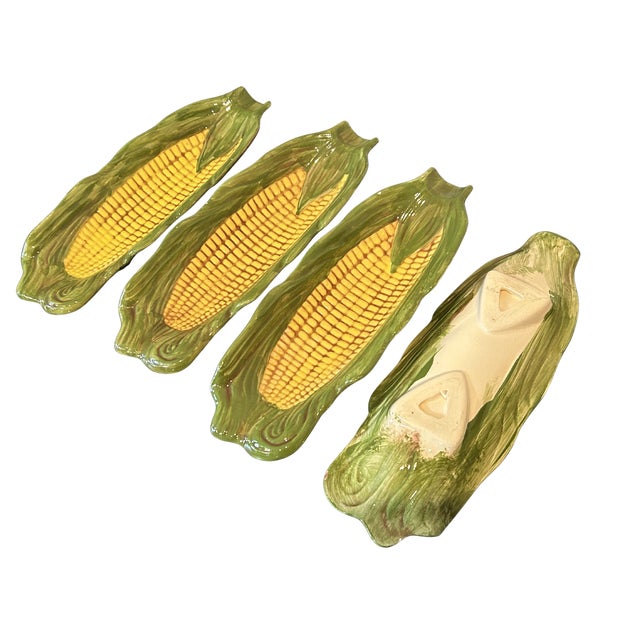 Vintage Majolica-Style Corn on the Cob Dishes Hand-Painted Ceramic Serving Plates Trompe L’Oeil - Set of 4 For Sale - Image 6 of 9