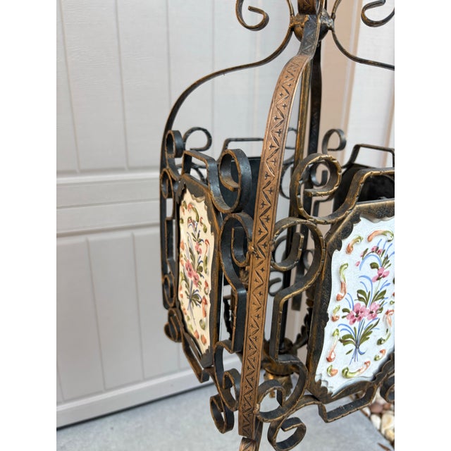 1980s Vintage Gilded Lantern Pendant With Four Dimensional Porcelain Hand Painted Plaques For Sale - Image 5 of 10