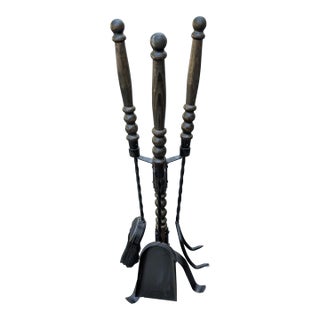 1950's Vintage Cast Iron Fireplace Tools Stand Set 4 Piece Seymour Style For Sale