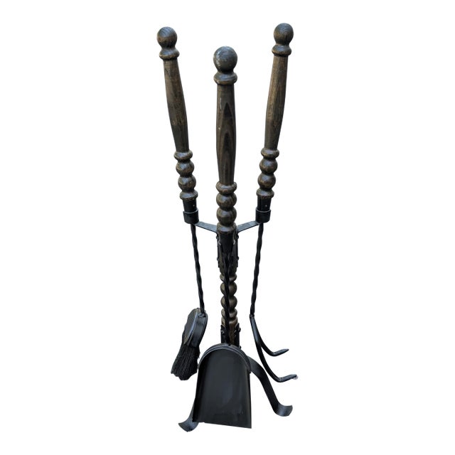 1950's Vintage Cast Iron Fireplace Tools Stand Set 4 Piece Seymour Style For Sale