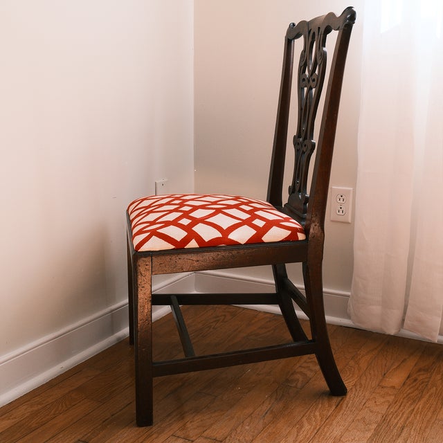 Antique Chippendale Style Ribbon Back Side Chair With Red & White Upholstery For Sale - Image 4 of 8