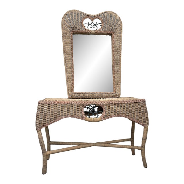 1970s Vintage Pink Woven Wicker Makeup Vanity With Mirror Chairish