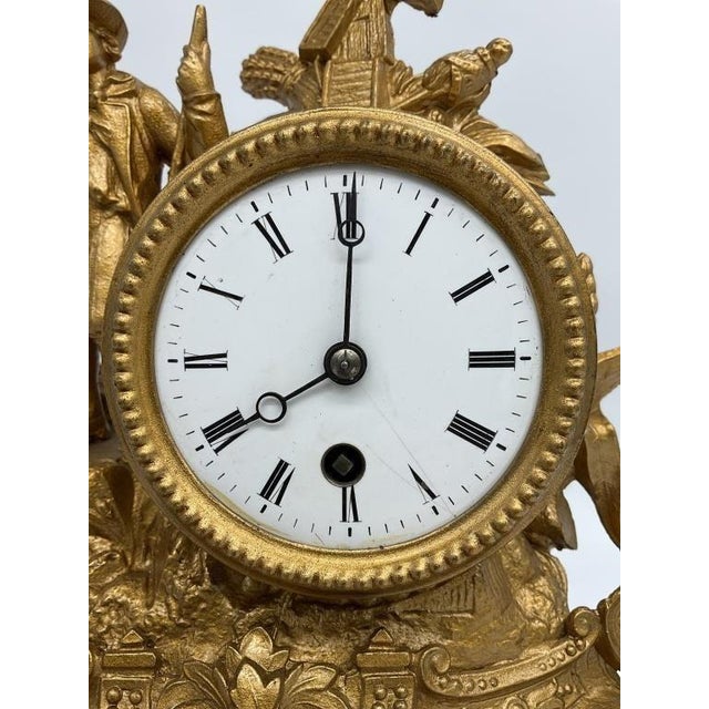 Gold Antique French Gilt Spelter Mantel Clock Glass Dome Windmill Figural Victorian Clock C. 1880 For Sale - Image 8 of 10