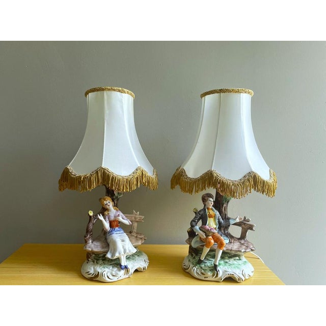 Italian Porcelain Dresden Style Romantic Figural Table Lamps by Capodimonte, 1930s, Set of 2 For Sale - Image 18 of 18