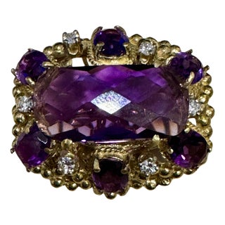 Huge Checker Board Cushion Cut Natural Amethyst Cocktail Ring 14KYG, 19.2gm For Sale
