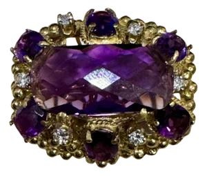 Huge Checker Board Cushion Cut Natural Amethyst Cocktail Ring 14KYG, 19.2gm