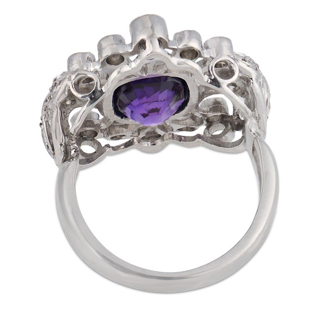 Mid Century Amethyst Diamond Platinum Cocktail Ring, Size 4.75 For Sale In Los Angeles - Image 6 of 6