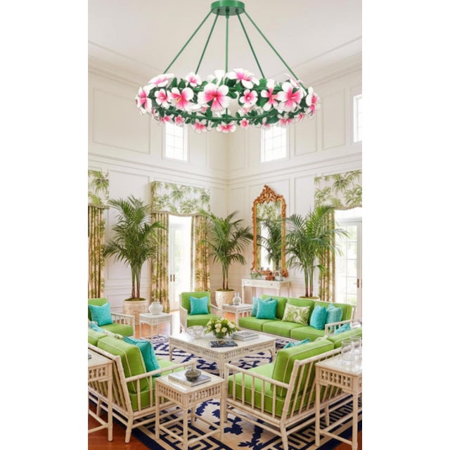 Currey & Company Sasha Bikoff Monumental Tole Hibiscus Floral Pink Green Regency Ring Chandelier For Sale - Image 12 of 12