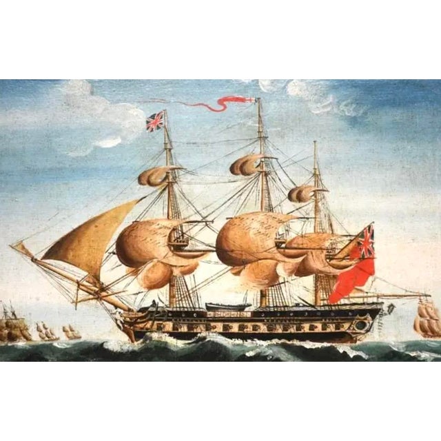 "The Triumph Frigate" Oil Painting of a British Naval Ship and Maritime Scene. The painting depicts a three-mast British...