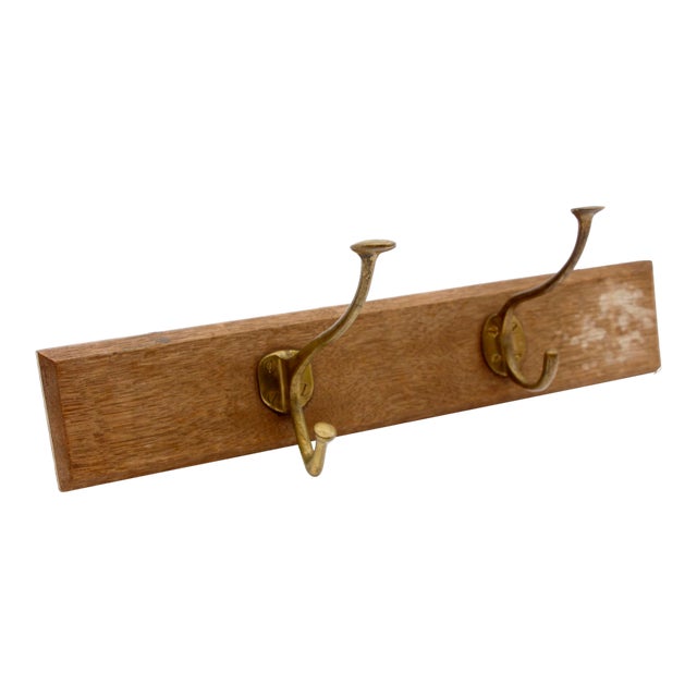 European Vintage Brass Hook Rack on Wooden Plank For Sale