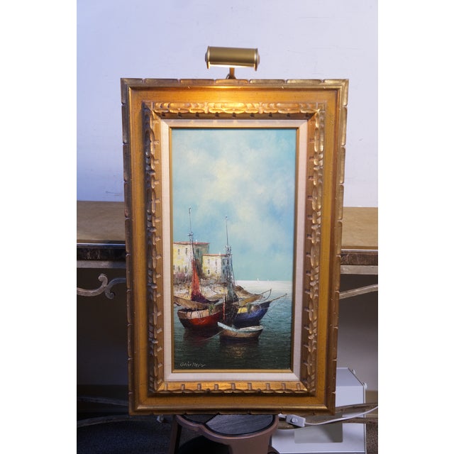 Late 20th Century Eleonore Guinther Nautical Maritime Fishing Boats Harbor Oil Painting 33" For Sale - Image 15 of 15