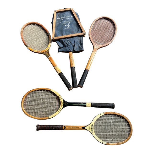 Vintage Collection of Miscellaneous Wooden Tennis Rackets With Guard and Cover For Sale