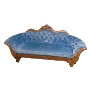 Antique Victorian Eastlake Tufted Blue Velvet Walnut Parlor Settee Sofa For Sale
