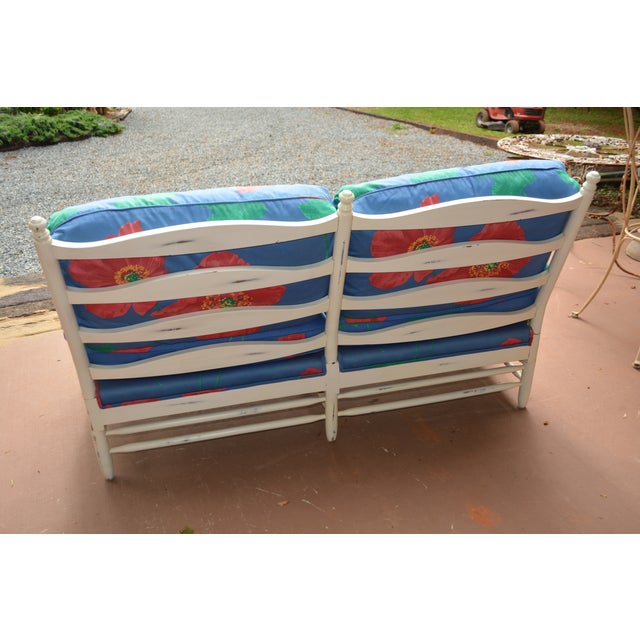 Shabby Chic 1980s Michael Thomas White Wood Framed Loveseat Sofa W/ Vibrant Blue & Red Poppies Upholstery For Sale - Image 3 of 18
