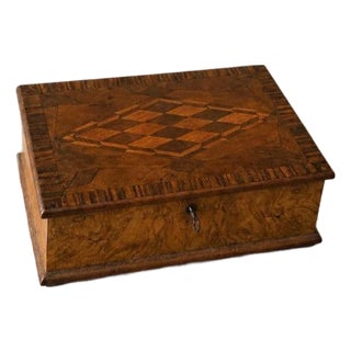 Antique Walnut Marquetry Jewelry Box With Key, Burl Wood Keepsake Box, Red Velvet Lined Locking Treasure Chest, Desk Box For Sale