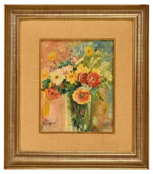 Giuseppe Margutti, Flower Vase, Oil on Canvas, Mid-20th Century, Framed