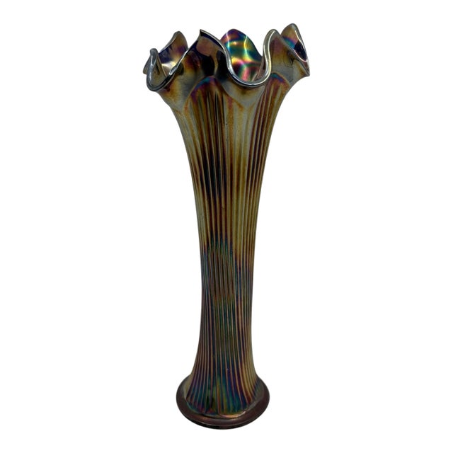 1930s Antique Fenton Irridescent Ruffled Glass Vase For Sale