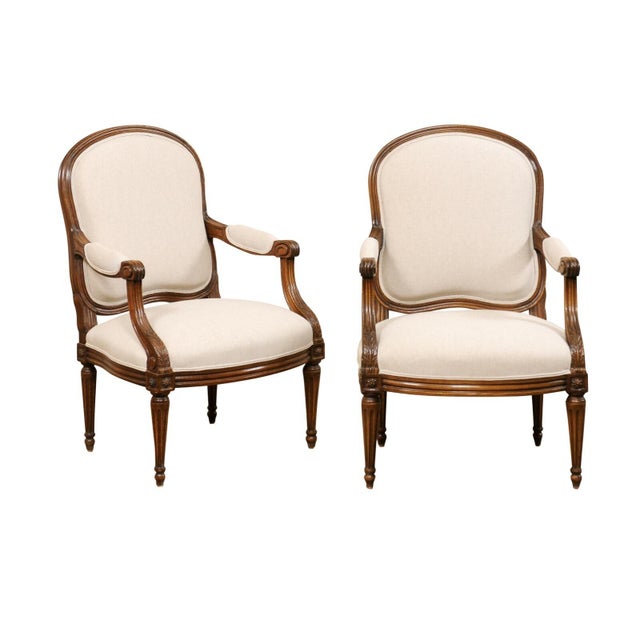 Wood 19th C. French Pair Upholstered Fauteuils For Sale - Image 7 of 12