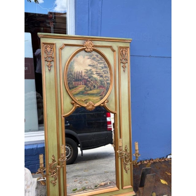 French Reproduction Antique Style Trumeau-Style Large Mirror With Attached Sconces For Sale - Image 3 of 6