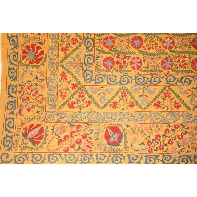 Large Vintage Embroidered Uzbek Suzani Yellow Blue Red For Sale - Image 10 of 12