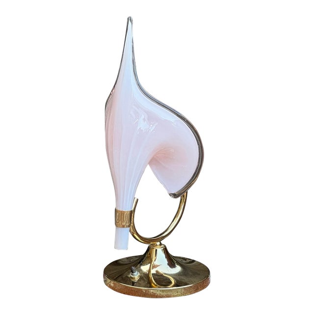 1960s Murano Pink Glass & Brass Calla Lily Table Lamp For Sale