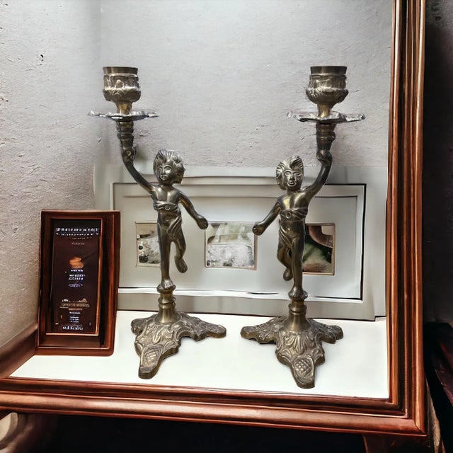 Arts & Crafts Vintage Brass Figural Candlestick Candle Holders- a Pair For Sale - Image 3 of 10