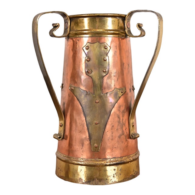 Antique Stickley Brothers Arts & Crafts Three-Handled Large Copper and Brass Vase For Sale