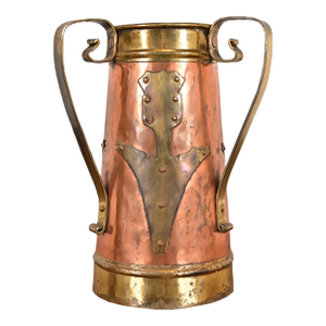 Antique Stickley Brothers Arts & Crafts Three-Handled Large Copper and Brass Vase