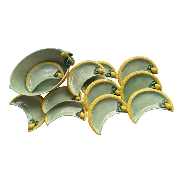 1970s Walter Hatches Inc Italian Majolica Lemon Figural Bowl and Eleven (11) Plates Vintage Decor For Sale