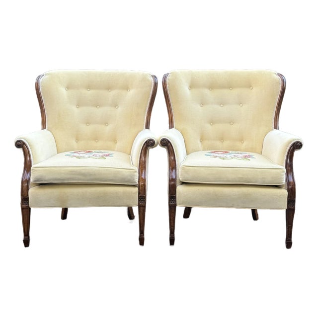 Vintage Louis XVI Upholstered Regency Wingback Chairs - A Pair For Sale