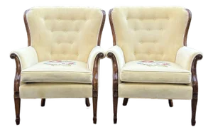 Vintage Louis XVI Upholstered Regency Wingback Chairs - A Pair