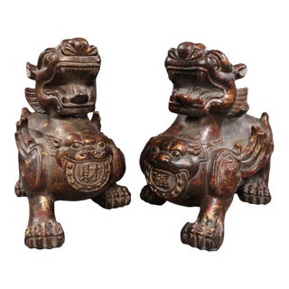 Pair of Antique Gilt Bronze Pixiu Statues, Mythical Beast Figures, 5.98kg For Sale