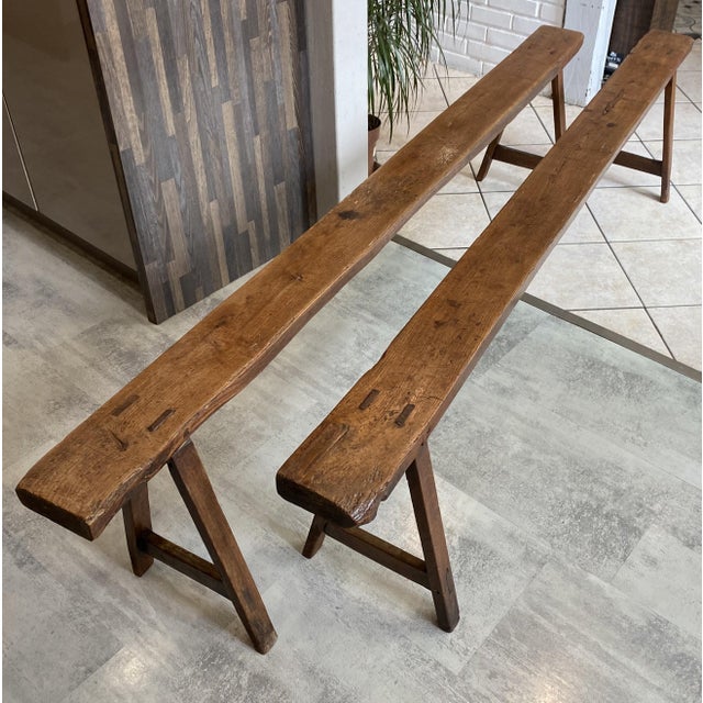 Wood Vintage Farmhouse Benches in Oak, 1950s, Set of 2 For Sale - Image 7 of 18