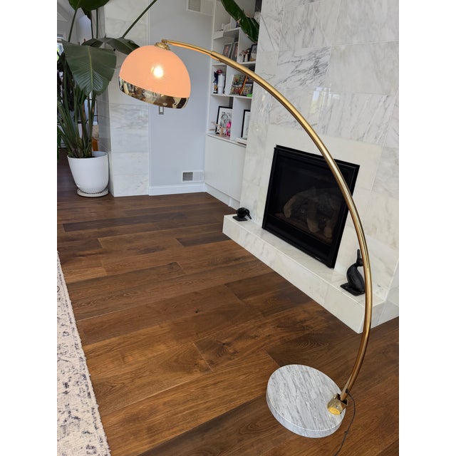 Vintage Italian Modern Brass Adjustable Arc Floor Lamp With Carrara Marble Base & Ribbed Acrylic Dome Shade For Sale - Image 9 of 9