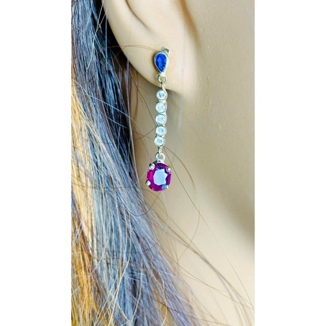 14 Karat Yellow Gold Double Tiered Alternating Ruby and Sapphire Drop Earrings - 2 Pieces For Sale - Image 9 of 10