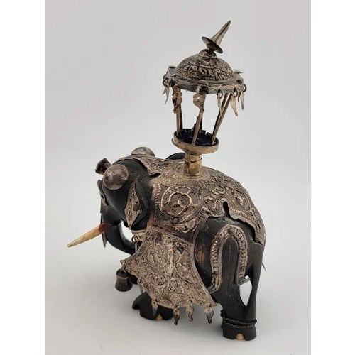 Gemstone Rare Antique Indian Ebony Silver Overlay Jeweled Elephant With Real Ruby Stone. For Sale - Image 7 of 13