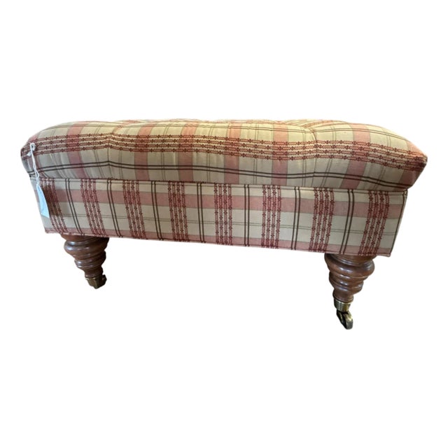 English Manor Tufted Upholstered Ottoman Bench With Turned Walnut Legs & Brass Casters For Sale